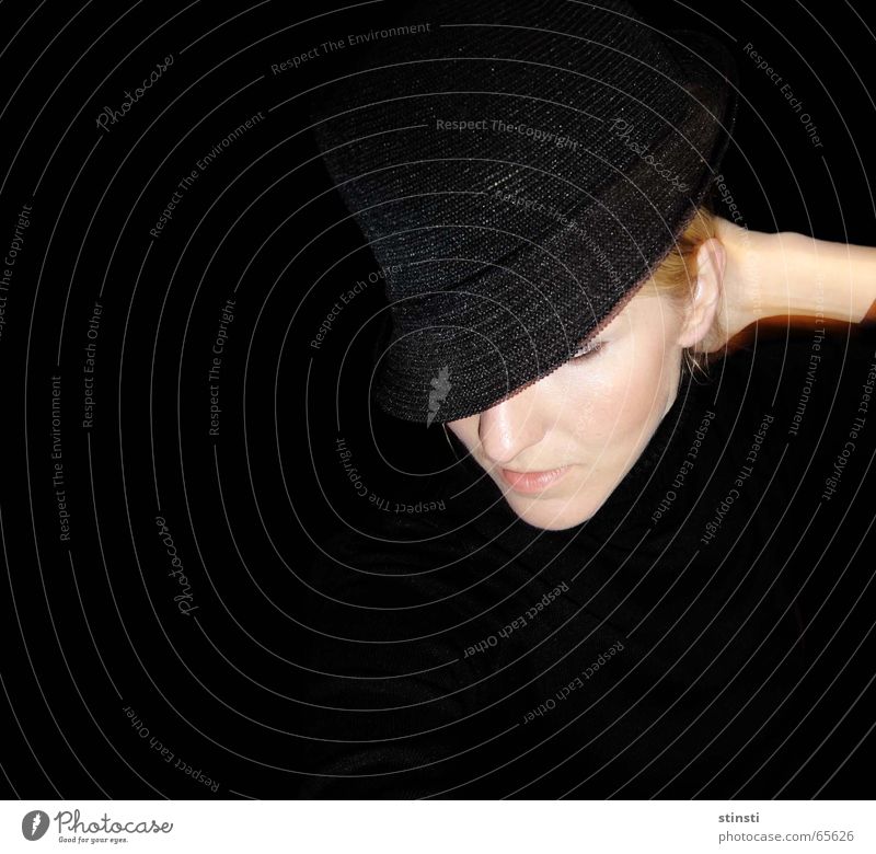 woman with hat Woman Black Blonde Hat Side Human being Downward Dark background
