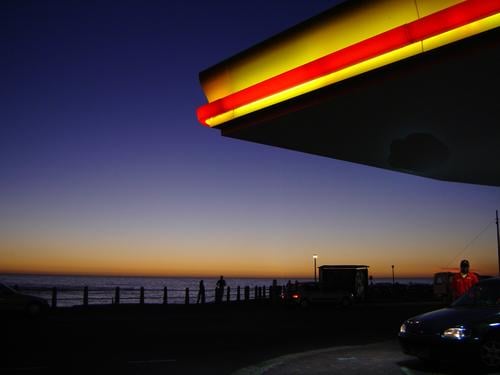 gas station with sea view Petrol station Cape Town Sunset Horizon Red Yellow Kitsch Ocean Sky