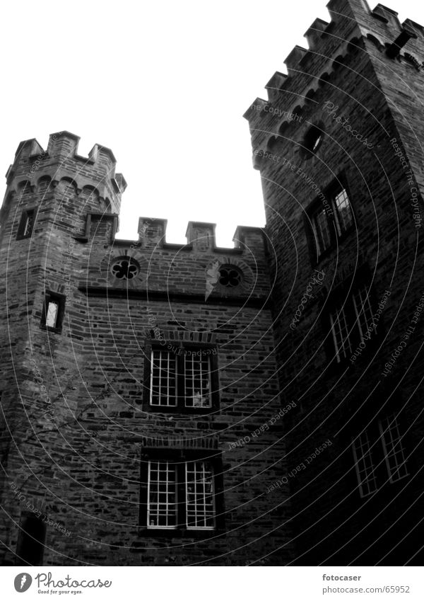 old castle in Stolzenfels Masonry Wall (barrier) Merlon Worm's-eye view old house Black & white photo Tower Architecture Castle