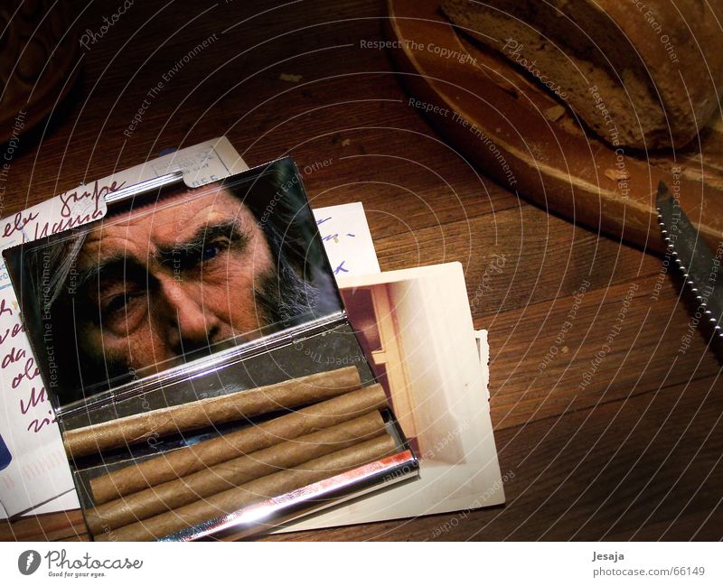 consideration Cigar Wooden table Brunch Senior citizen Letter (Mail) Photography Grief Wooden board Memory cigarillos Male senior