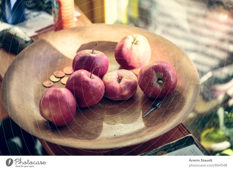 Still Life with Apples, Coins and Sword Food Fruit Organic produce Bowl Money Old To enjoy Authentic Juicy Red Moody Healthy Photos of everyday life Window