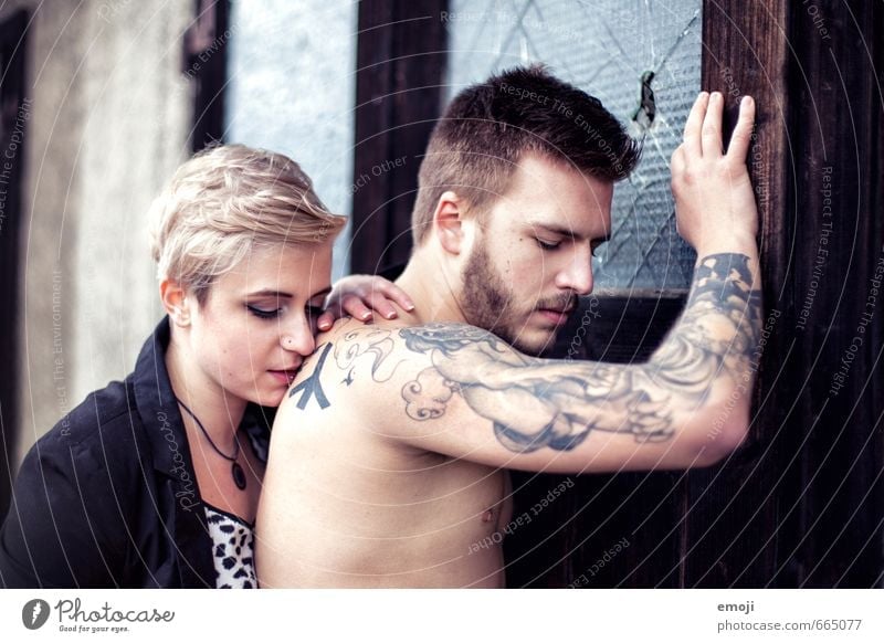 young couple, man topless with tattoos Masculine Feminine Young woman Youth (Young adults) Young man Couple 2 Human being 18 - 30 years Adults Hip & trendy
