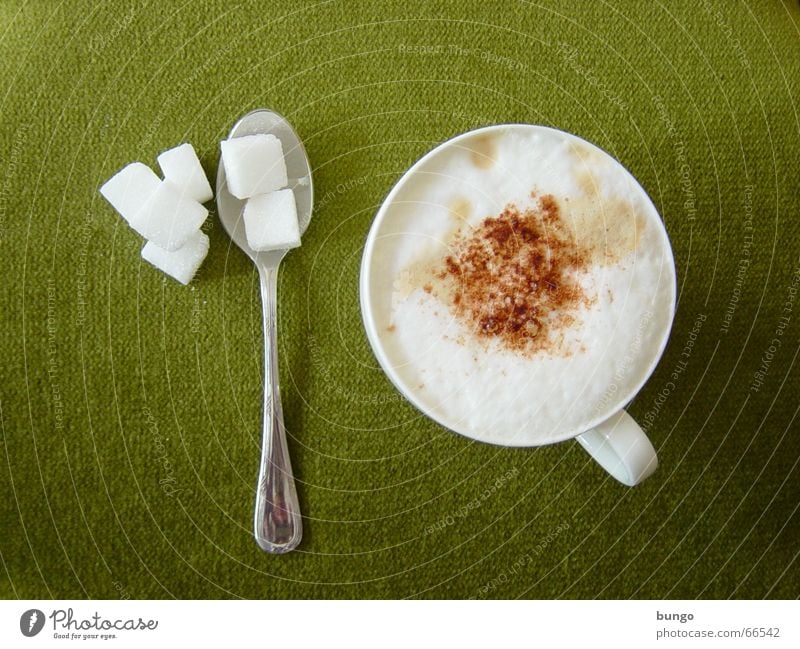 quies Colour photo Chocolate Hot Chocolate Coffee Cup Spoon Relaxation Calm Cloth To enjoy Sweet Brown Green Peace Cappuccino Coffee cup Café au lait Sugar