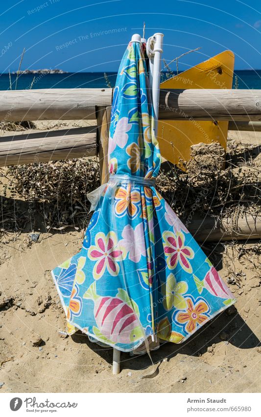 Old parasol at the beach Vacation & Travel Tourism Summer vacation Beach Cloudless sky Beautiful weather Sunshade Broken Trashy Blue Loneliness Relaxation