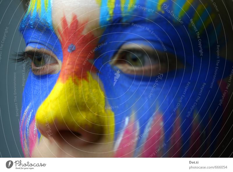 Child with painted face Face Eyes Nose 1 Human being 8 - 13 years Infancy Crazy Blue Multicoloured Yellow Carnival Make-up Painted Prongs Carnival costume