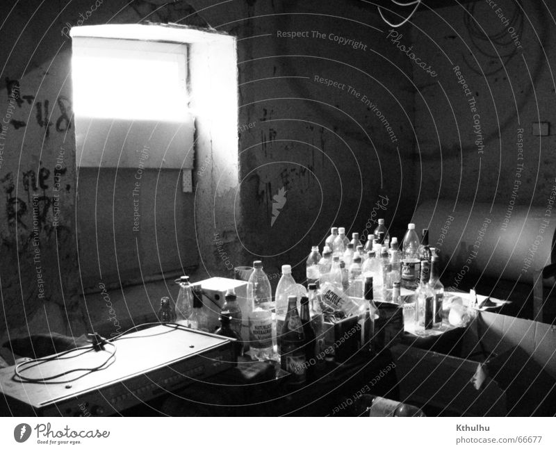 The window to the bottle cemetery Light Chaos Intoxicant Bottle Black & white photo Music Alcoholic drinks Gastronomy