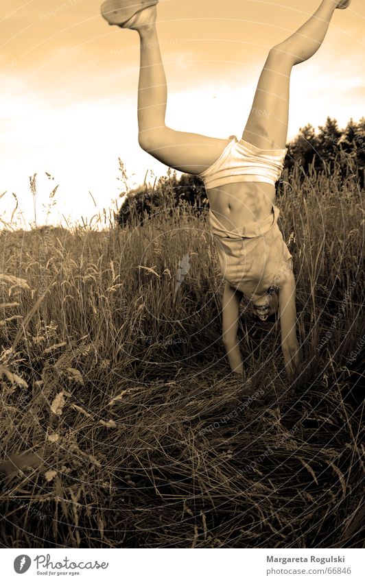 see the world from a different angle Grass Field Girl Woman Handstand Summer Cornfield Underpants Flip-flops Recklessness Joy Grain Funny Sky