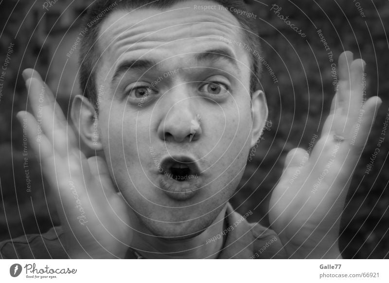 surprise Portrait photograph Man Black White Gray Lips Hand Scare Surprise Face Eyes Nose Mouth