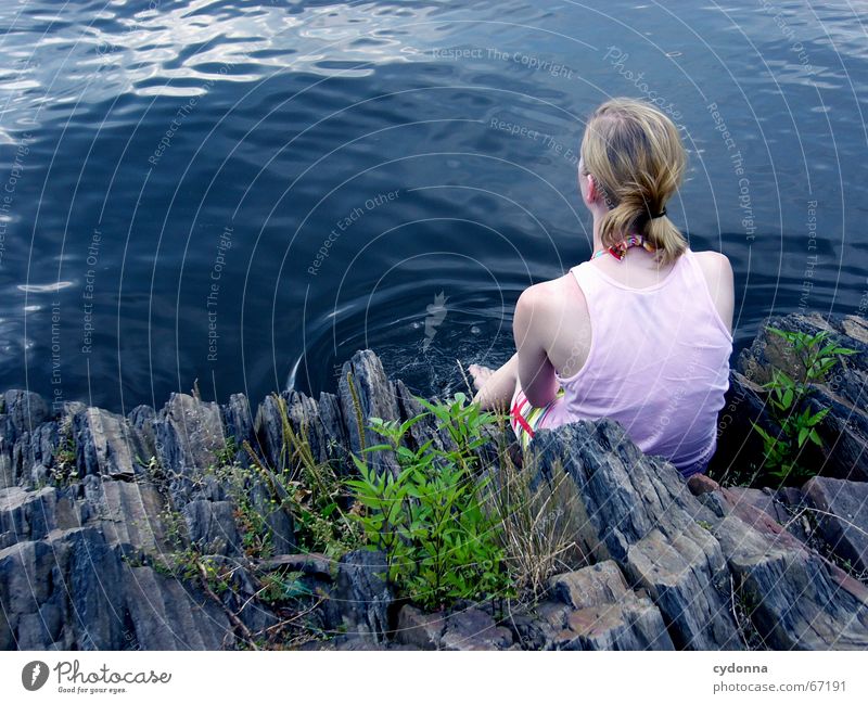 ponder Woman Loneliness Lake Vacation & Travel Summer Emotions Think Far-off places Bushes Familiar Human being Nature Rock Water Blue Looking