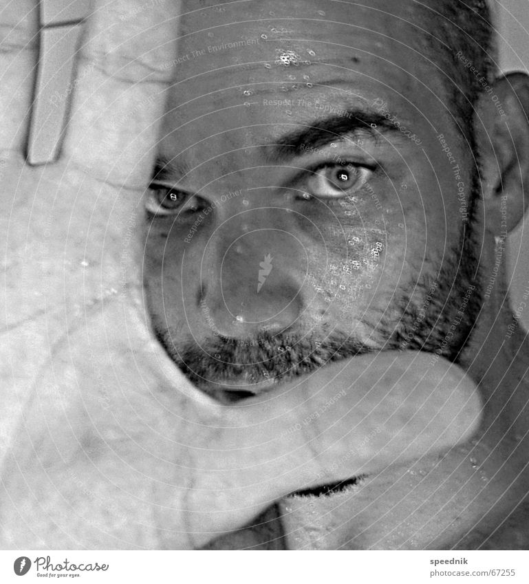 I'm a chemical boy Facial hair Masculine Macho Eyebrow Hand Fingers Blur Black White Perspiration Wet Damp Portrait photograph Self portrait Black & white photo