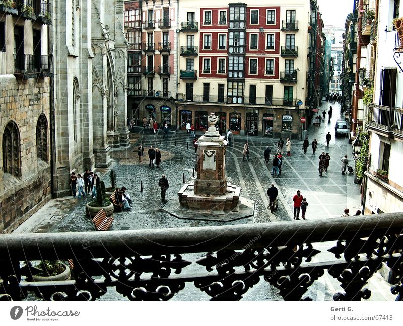 Plaza in Bilbo Bilbao Spain Places Human being Monument Balcony Building House (Residential Structure) Comfortless Vantage point Bench Multicoloured Window