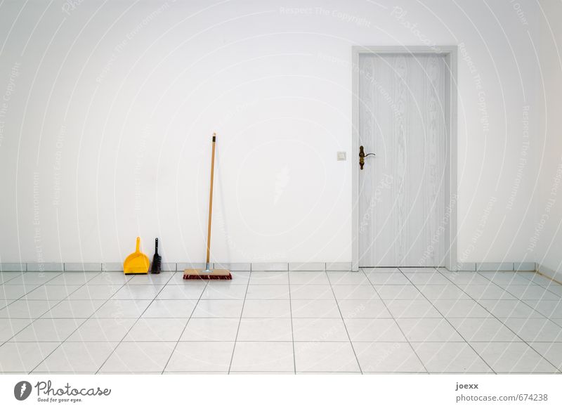 Broom clean Deserted Wall (barrier) Wall (building) Door Clean Yellow Gray Red Black White Success Advancement Moving (to change residence) hand brush Shovel