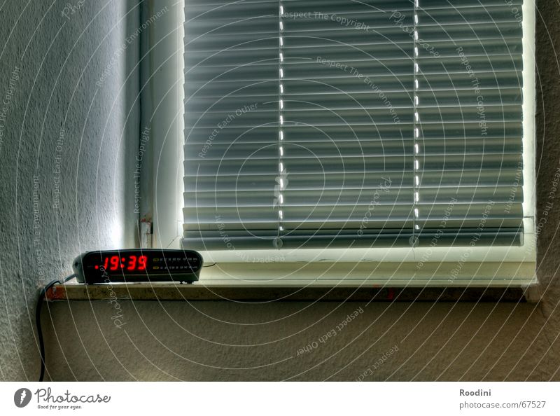 Get up? Clock Time Alarm clock Window Window board HDR Display Digital Digits and numbers Venetian blinds Evening
