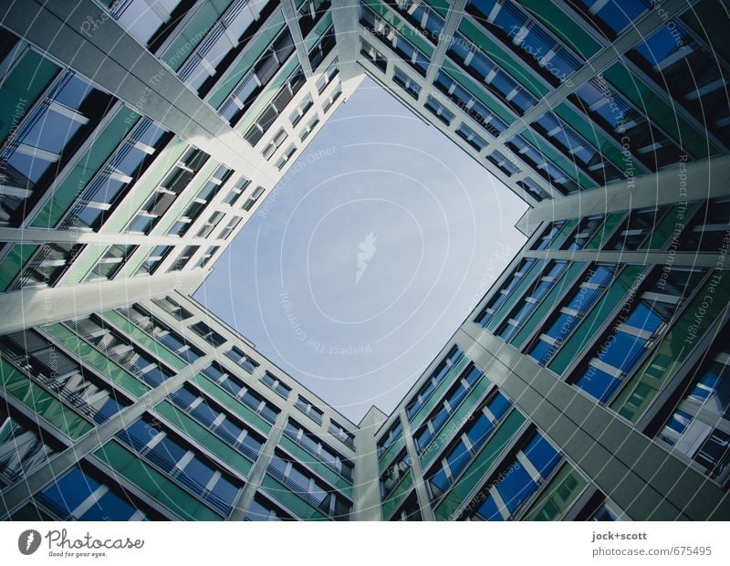 Blue backyard Office building Backyard Facade Window Sharp-edged Modern Symmetry Frame Real estate market Structures and shapes Neutral Background Shadow