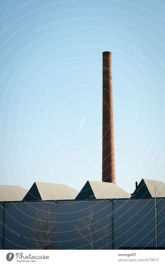 Factory hall with chimney Industry Industrial plant Roof Chimney Facade Skylight Blue Cloudless sky Blue sky Colour photo Subdued colour Exterior shot Deserted