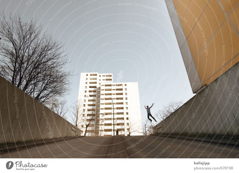 plate with jump Human being Masculine Man Adults Body 1 30 - 45 years House (Residential Structure) High-rise Wall (barrier) Wall (building) Jump Tree Parkour