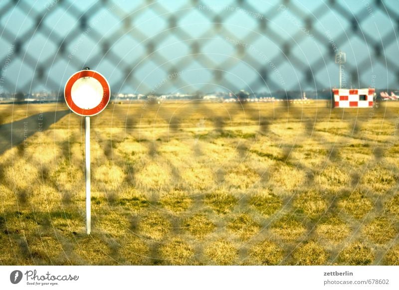tegel Spring Sky Landscape Light Nature Sun wallroth Airport Berlin-Tegel Trajectory Runway Fence Wire netting fence Bans Signs and labeling Passage Horizon