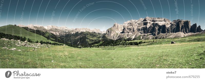 clear Cloudless sky Summer Meadow Alps Mountain Relaxation Hiking Horizon Idyll Calm Far-off places Dolomites Colour photo Exterior shot Deserted Copy Space top