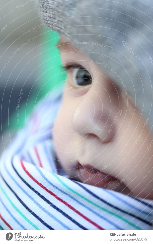 Go hug your future! Human being Child Baby Eyes Nose Mouth 1 0 - 12 months Cute Gray Stripe Striped Colour photo Exterior shot Detail Macro (Extreme close-up)