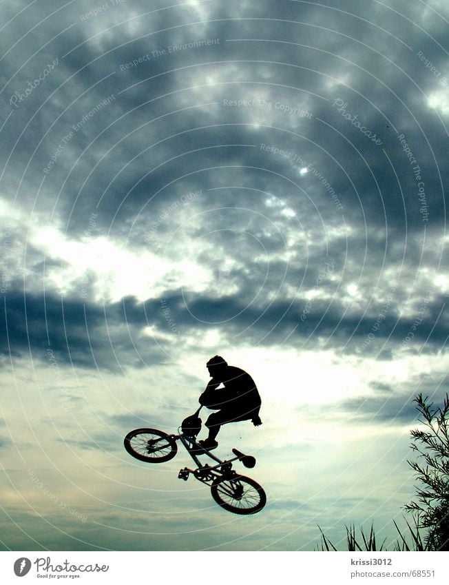 Jump into heaven Pedal Air Sports Sudden fall To fall Style Hover Bicycle Sunset Clouds Action Joy Freedom Playing Funsport BMX bike independence Aviation