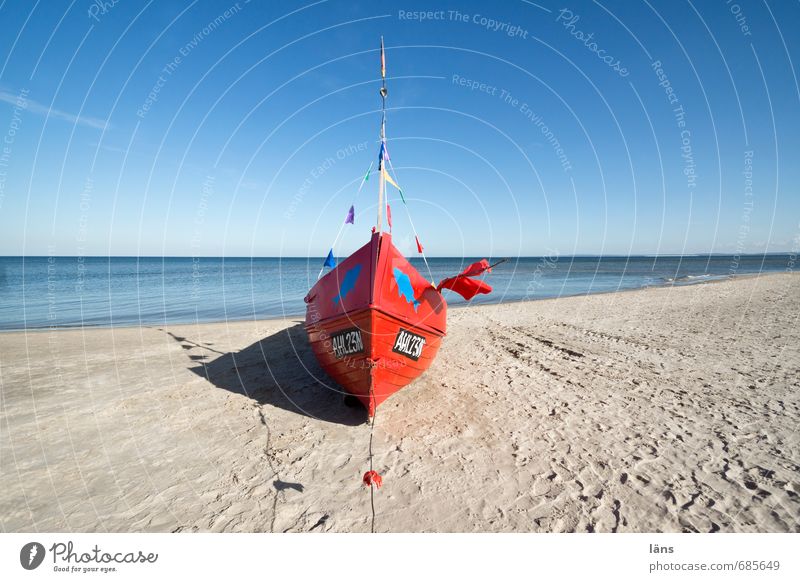 Red boat on the beach Beach Ocean Fishing boat Fisherman Environment Nature Landscape Sand Sky Beautiful weather Coast Baltic Sea Lie Blue Brown Beginning