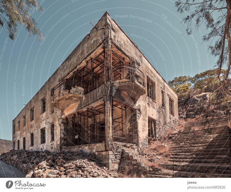 Island of the Damned Summer Tree spinalonga Deserted House (Residential Structure) Ruin Old Blue Brown Green Decline Past Transience Change Colour photo