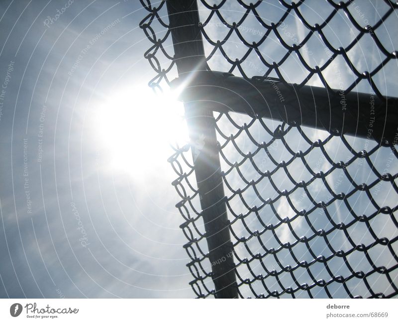Looking up at the sun and blue sky through a chain link fence. Fence Wire netting Border Letters (alphabet) White Sky Blue Sun