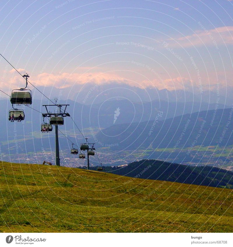 noctis umbrae Vacation & Travel Hill Mountain range Peak Meadow Green Austria Clouds Chair lift Cable car Calm Beautiful Relaxation Far-off places Perspective