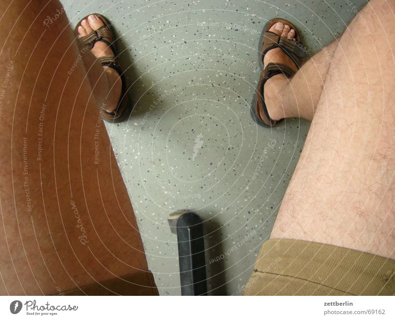 View down Toes Sandal Calf Knee Lower leg Thigh Pants Exhibitionism Feet Naked flesh Shorts Bird's-eye view Section of image Partially visible Detail Funny Joke