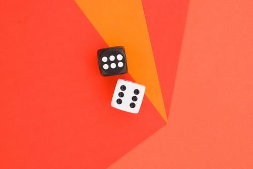 cubes on orange graphic background Lifestyle Style Design Happy Playing Entertainment Success Lucky number Dice 6 Numbers Graphic Abstract Orange Red Geometry