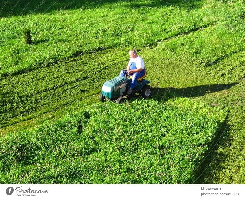 Lawn Mower Man 2 Lawnmower Green Meadow Shadow Evening sun Working clothes Mow the lawn Reap Cut Abbreviate Grass surface Summer Work and employment Crash
