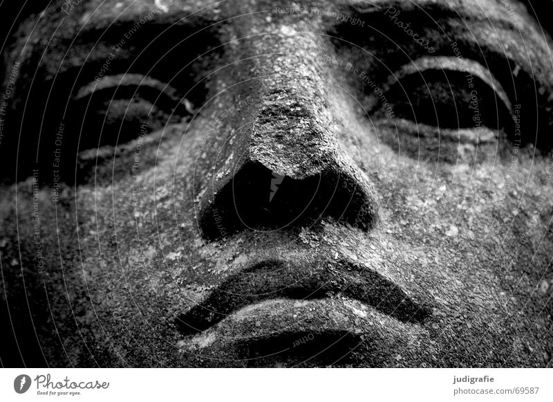 Calm Serene Physics Portrait photograph Sandstone Lime Sculpture Black White Crack & Rip & Tear Dry Face Eyes Nose Mouth Looking Goodness Fatigue Character
