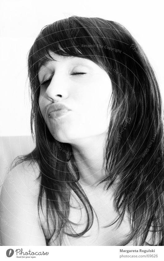 Kiss me Closed eyes Woman Mouth Hair and hairstyles Bangs smooch mouth Black & white photo Face