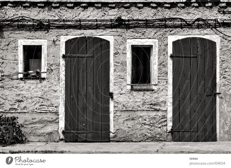 two doors, two windows Calm House (Residential Structure) Door Window Wall (building) Plaster Architecture Detail Peace Black & white photo B/W B&W Hut symmetry