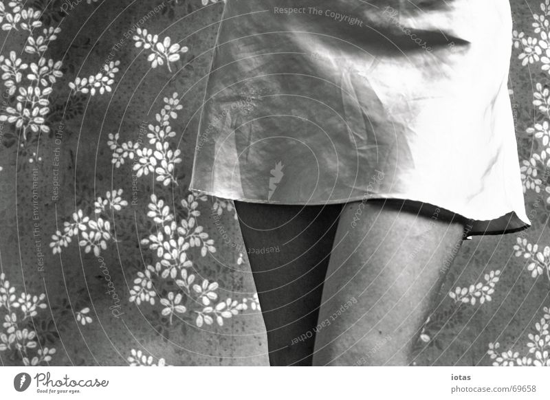 miss k. Woman Calm Wallpaper Flower Floral wallpaper Night dress Germany Joy Clothing Detail Loneliness Black & white photo B/W B&W Thigh Legs GDR