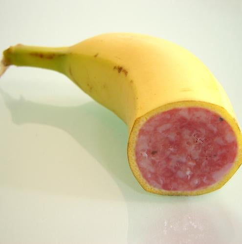 Banami II Banana Salami Sausage Swine Processed Sliced Yellow Red Meat Sweet Nutrition Food Sense of taste Genetic engineering Fruit Fat hearty To enjoy