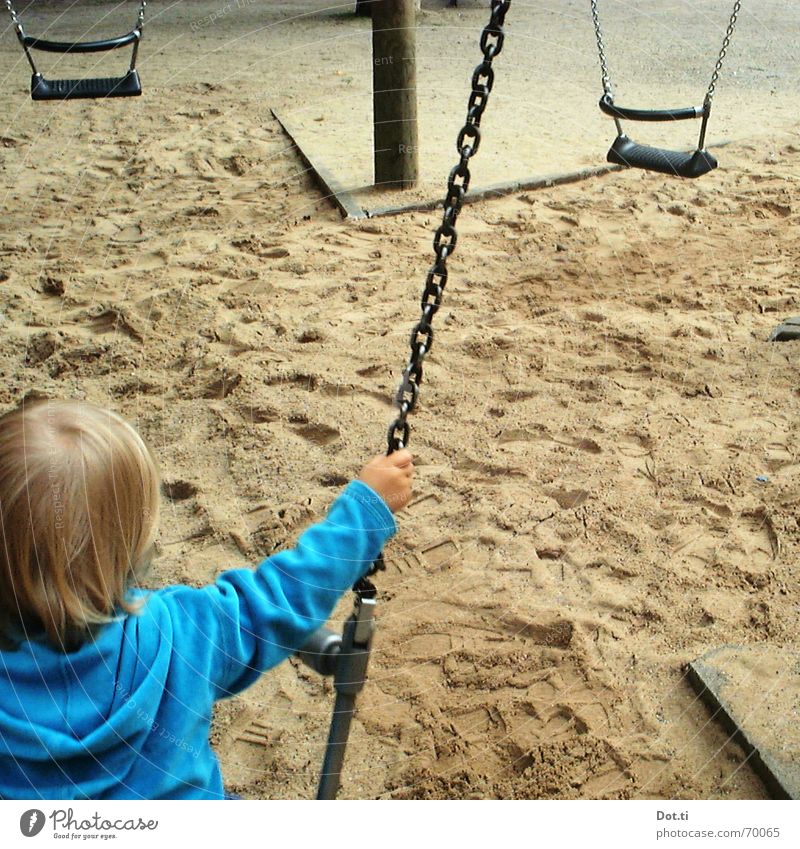 Child on the swing Playground Toddler To hold on Park Turquoise Hooded sweater Blonde Footprint Diagonal Joy Earth Sand Swing Grand piano higher! push Chain