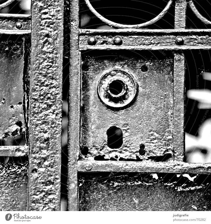 doormen Entrance Rust Patina Wrought iron Closed Black White Gate Castle Old Derelict patinated wrought-iron without handle Protection Wrought ironwork