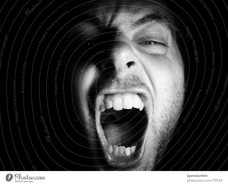 SHOUT Portrait photograph Man Freak Fear Alarming Scream Dark Black Show your teeth Evil Crazy Human being Face Force Black & white photo