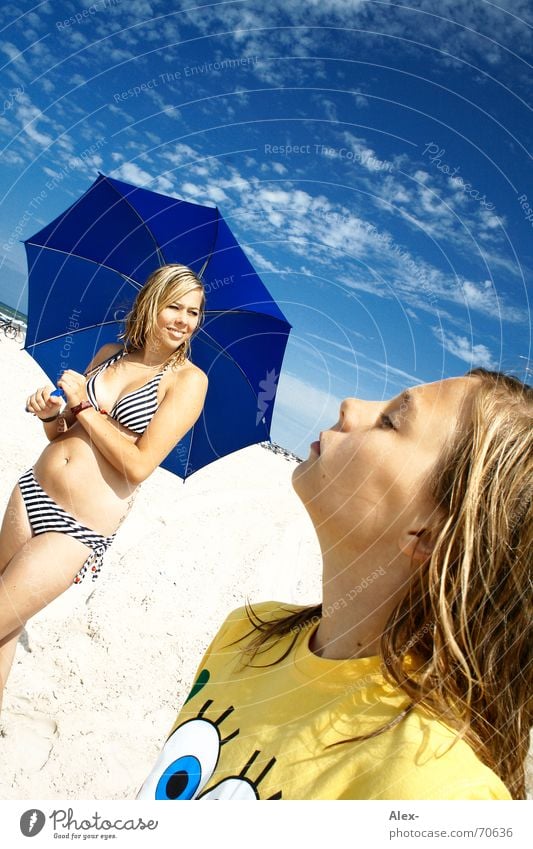 Summer, sun, being happy Sun Happiness Vacation & Travel Physics Hot Sunshade Beach Brothers and sisters Sister Dream Girl Woman Child Warmth umbrella Sky Blue