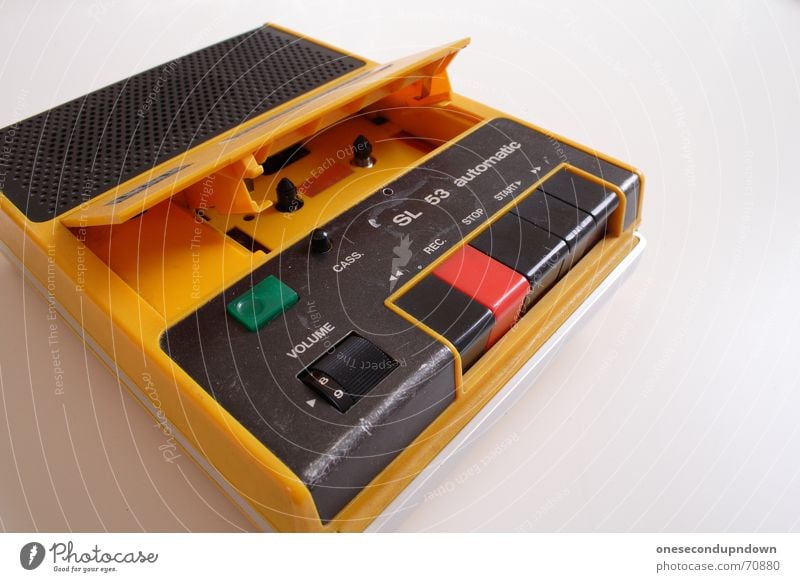 recorda! Portable Pop music Retro Tape cassette Yellow Loudspeaker Old-school recorder tapdeck 80s Pop culture tape recorder play almost forward rewind Volume