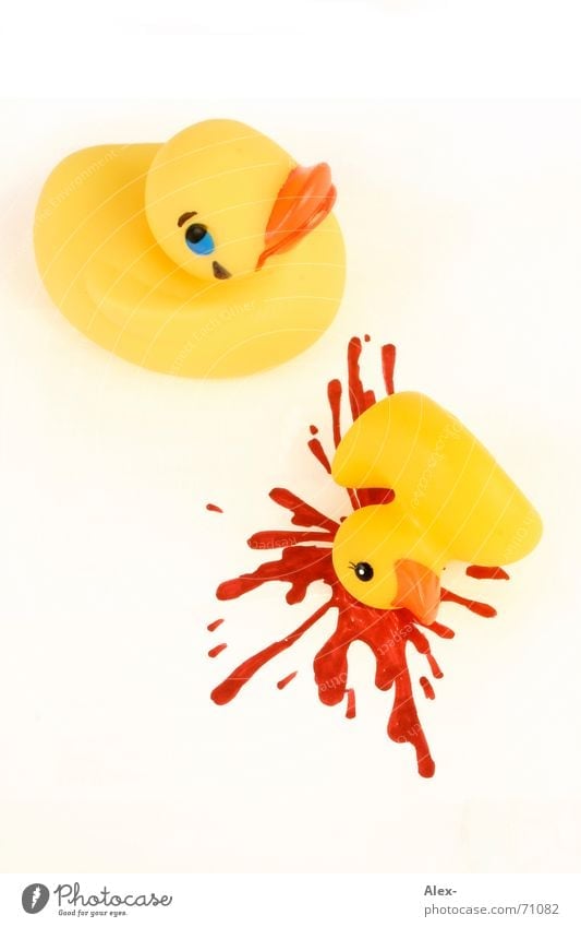 Finish-off duck Past Death Accident Yellow Cute Toys Rubber Plastic Grief Why Inject Topple over Duck End Murder Blood lacerated Kitsch Cry Tears Sadness