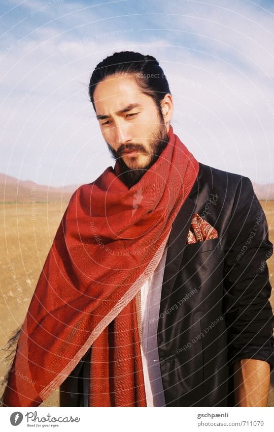 Red in the desert Man Adults Facial hair 1 Human being Landscape Sand Beautiful weather Drought Fashion Suit Scarf Black-haired Beard Dream Sadness Esthetic