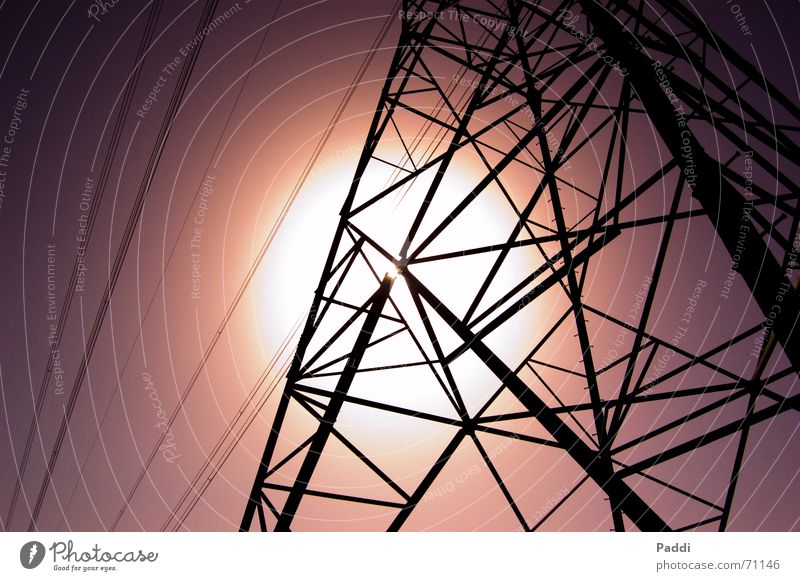 Power pole in the sunshine Electricity Electricity pylon Steel Violet Back-light Cable Net Sky Steel carrier Sun Tower