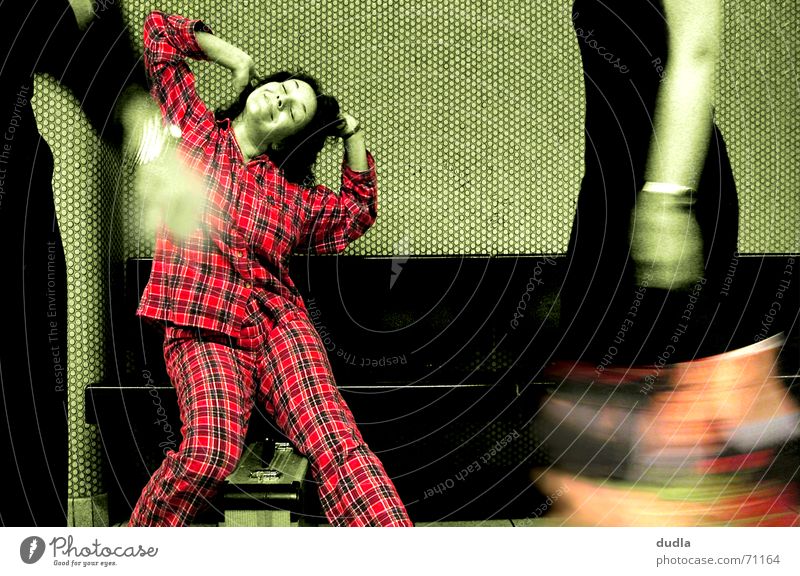narrow-mindedly awakened Woman Pyjama Dream Checkered Green Red Pedestrian Station Morning