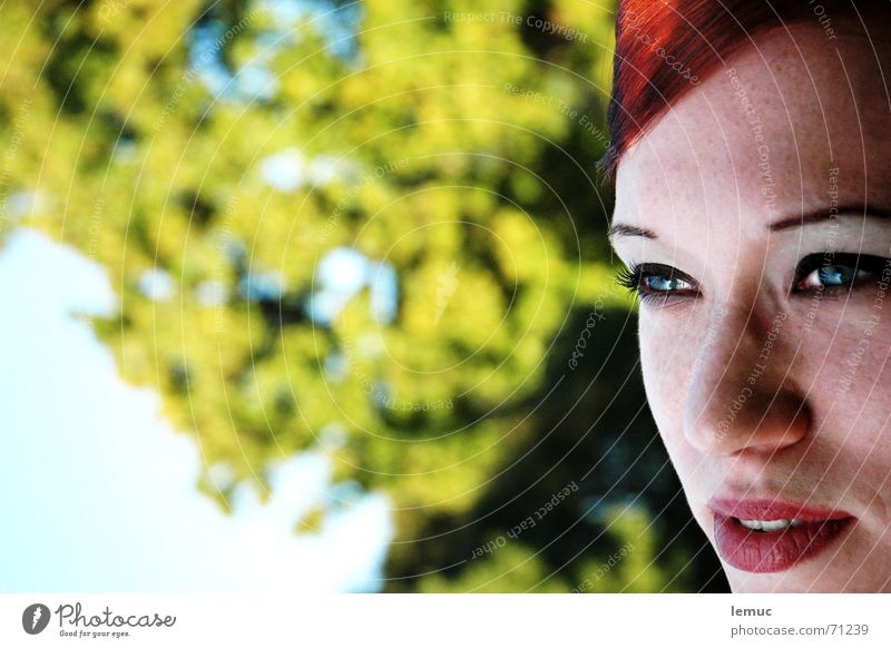 in the park Portrait photograph Red Green Freckles Summer Park Lips Looking Pallid blue eyes Detail Nature Mouth