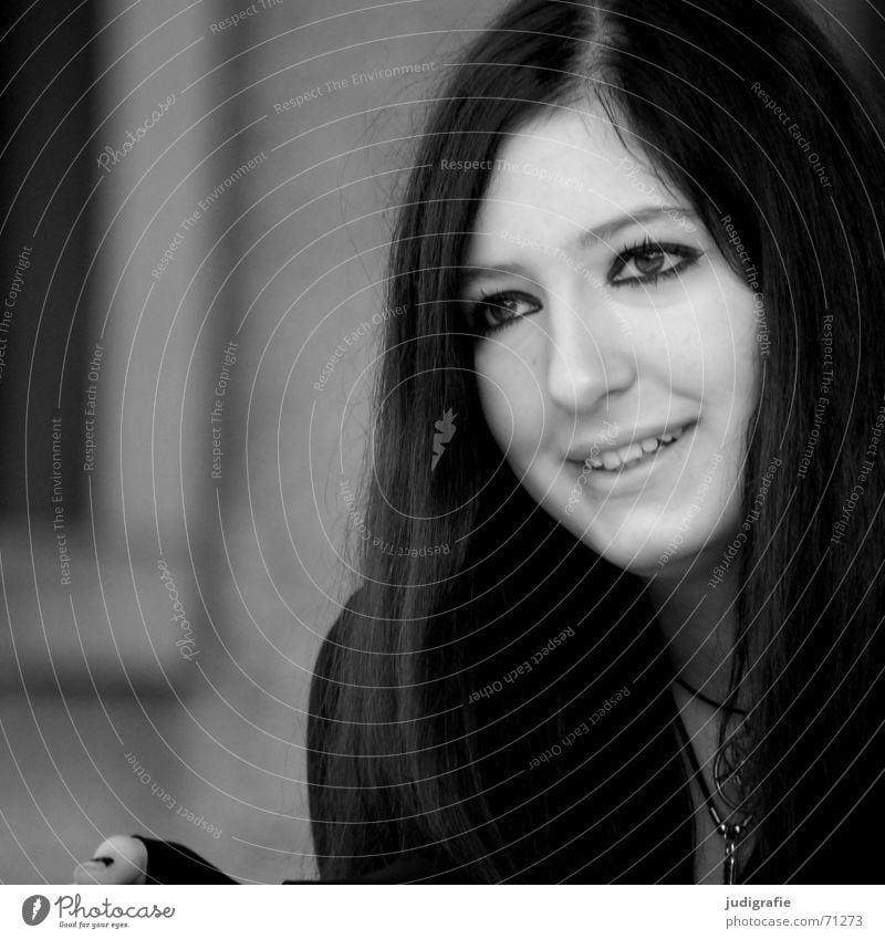 listen Portrait photograph Woman Friendliness Watchfulness Youth (Young adults) Jewellery Black & white photo Human being Face Laughter Hair and hairstyles Eyes