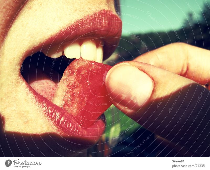 That's what summer tastes like! Woman Lips Red Fingers Fingernail Water melon Summer Sun To enjoy Food Fruity Vitamin Nutrients Fiber Human being Mouth Tongue