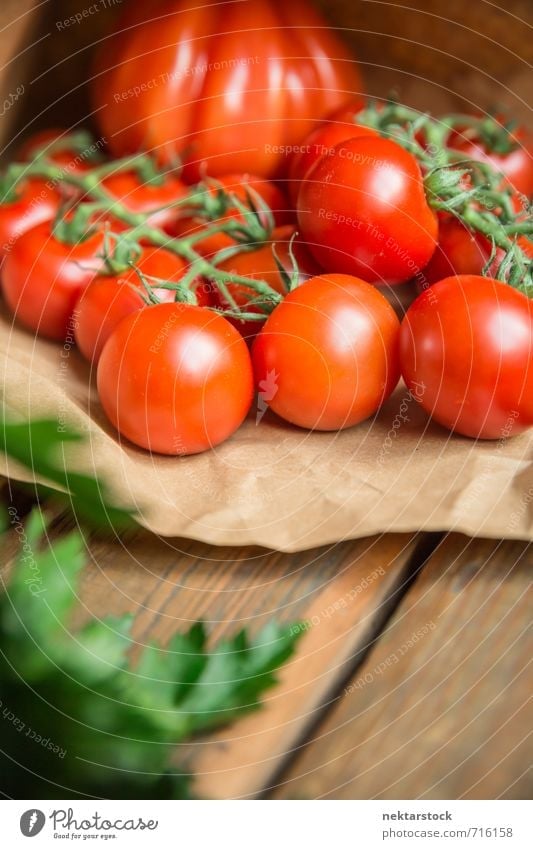 Tomatoes fresh from the market Food Vegetable Lettuce Salad Lifestyle Fresh Healthy vegetables wood Background picture tomato paper parsley farm organic harvest