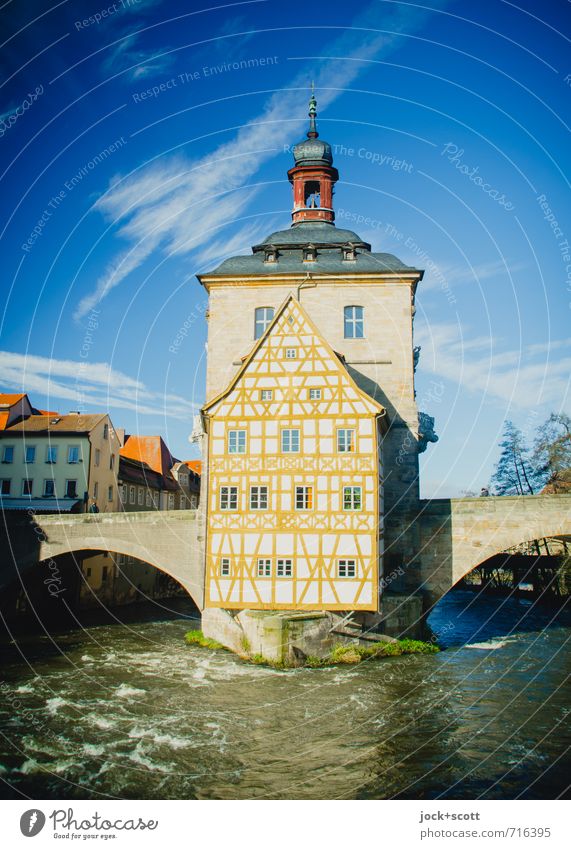 old town hall Architecture Rococo Sky River Regnitz river Bamberg Old town City hall Bridge Half-timbered facade Facade Half-timbered house Tourist Attraction